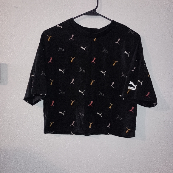 Puma Women's Black Multicolor Logo Crop Top - Picture 1 of 6